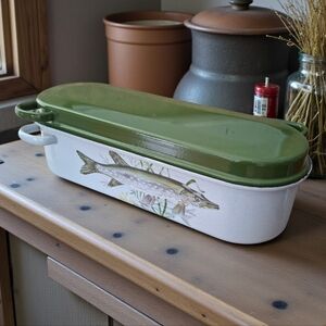 Vintage French Enamel Fish Baking Dish with Lid & Rack Fish Asparagus Steamer